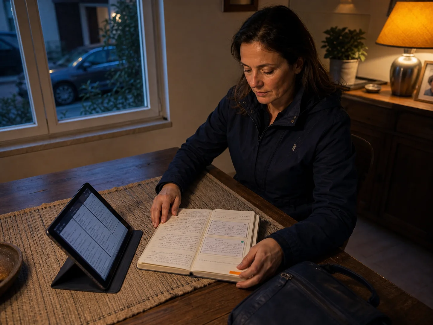 La stessa commerciale controlla un’agenda già compilata accanto a un tablet e chiude il lavoro sul punto segnato in arancione.