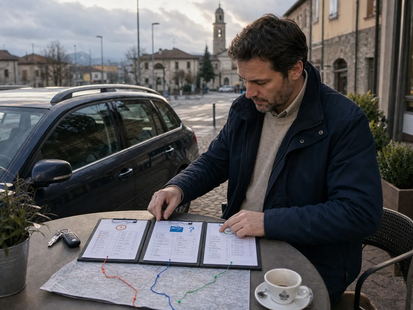 Tre schede cliente compilate mostrano una promessa, un’opportunità incerta e un blocco risolvibile accanto a una mappa del giro.