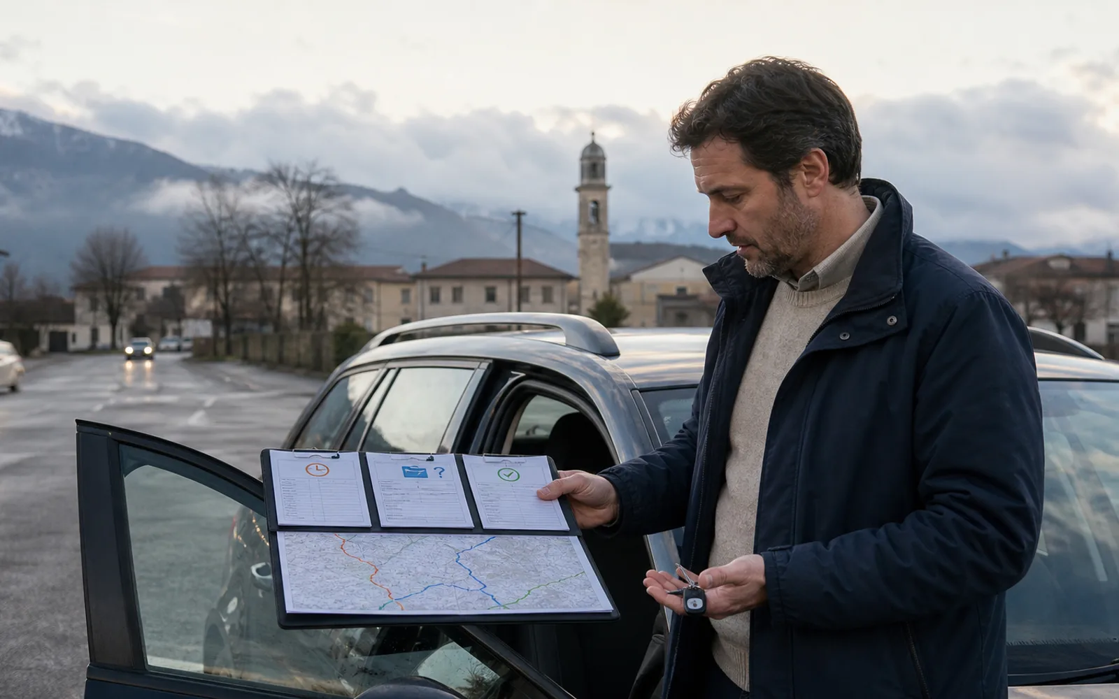 Un commerciale confronta tre possibili visite sulla portiera aperta dell’auto prima di partire.
