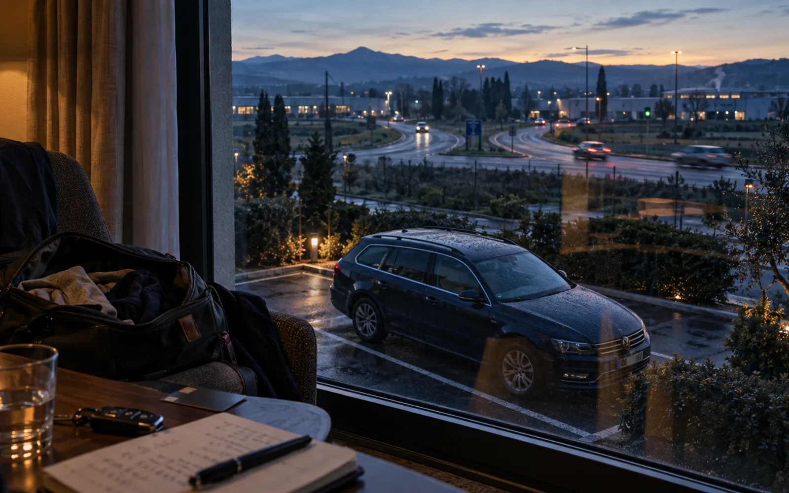 La sera di un giro visite di più giorni: dalla camera d’albergo si vedono la borsa aperta, il taccuino del giro e l’auto parcheggiata sotto la pioggia.