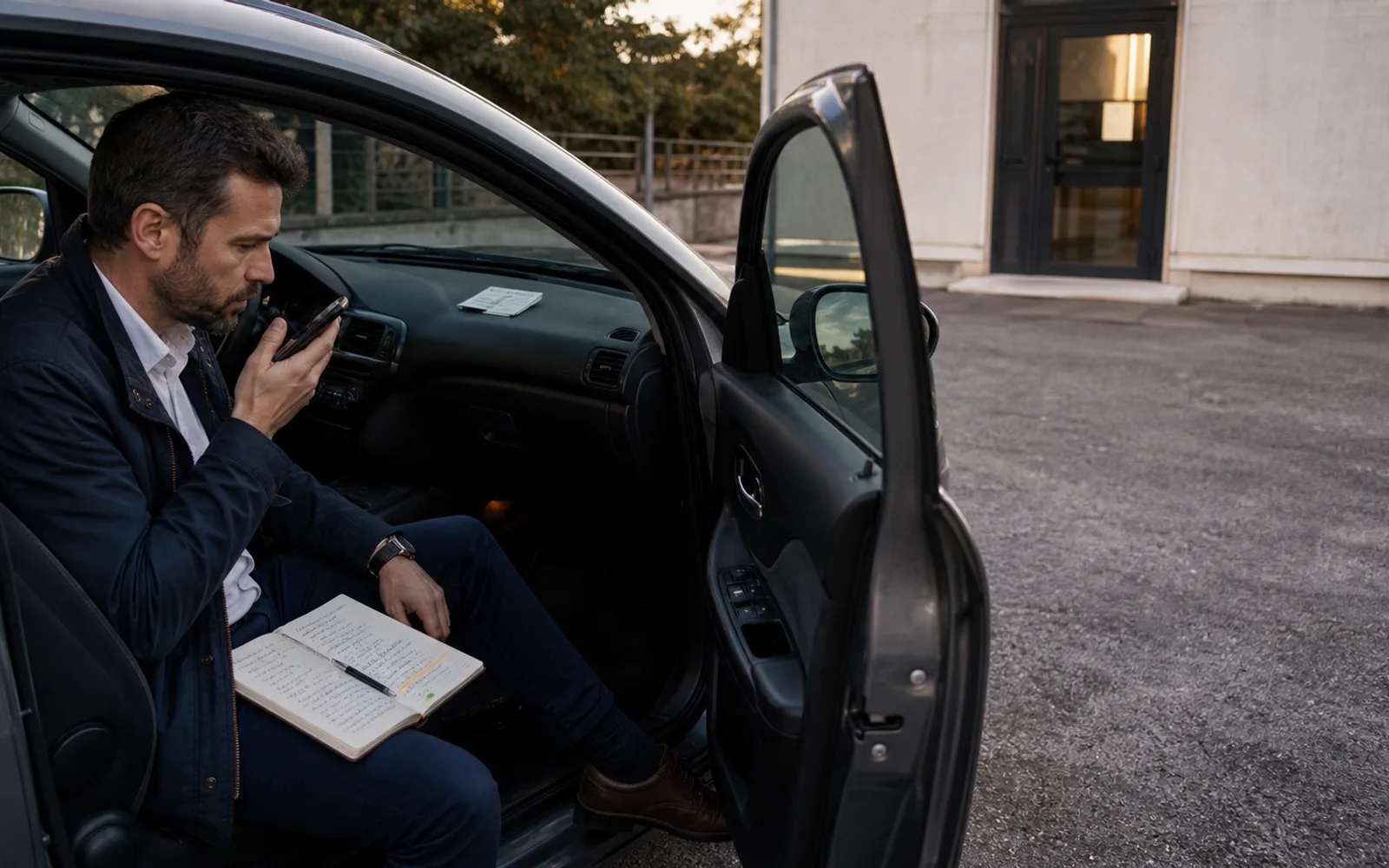 Un commerciale registra una nota vocale nell'auto parcheggiata subito dopo una visita al cliente.