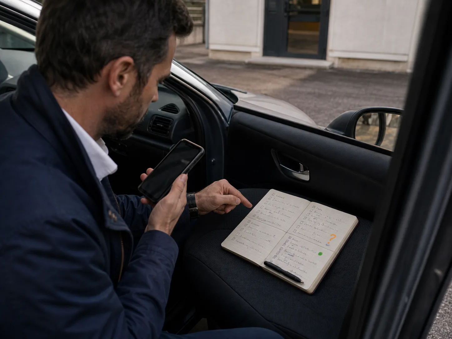 Un commerciale controlla un taccuino compilato in quattro parti mentre registra una nota vocale nell'auto ferma.