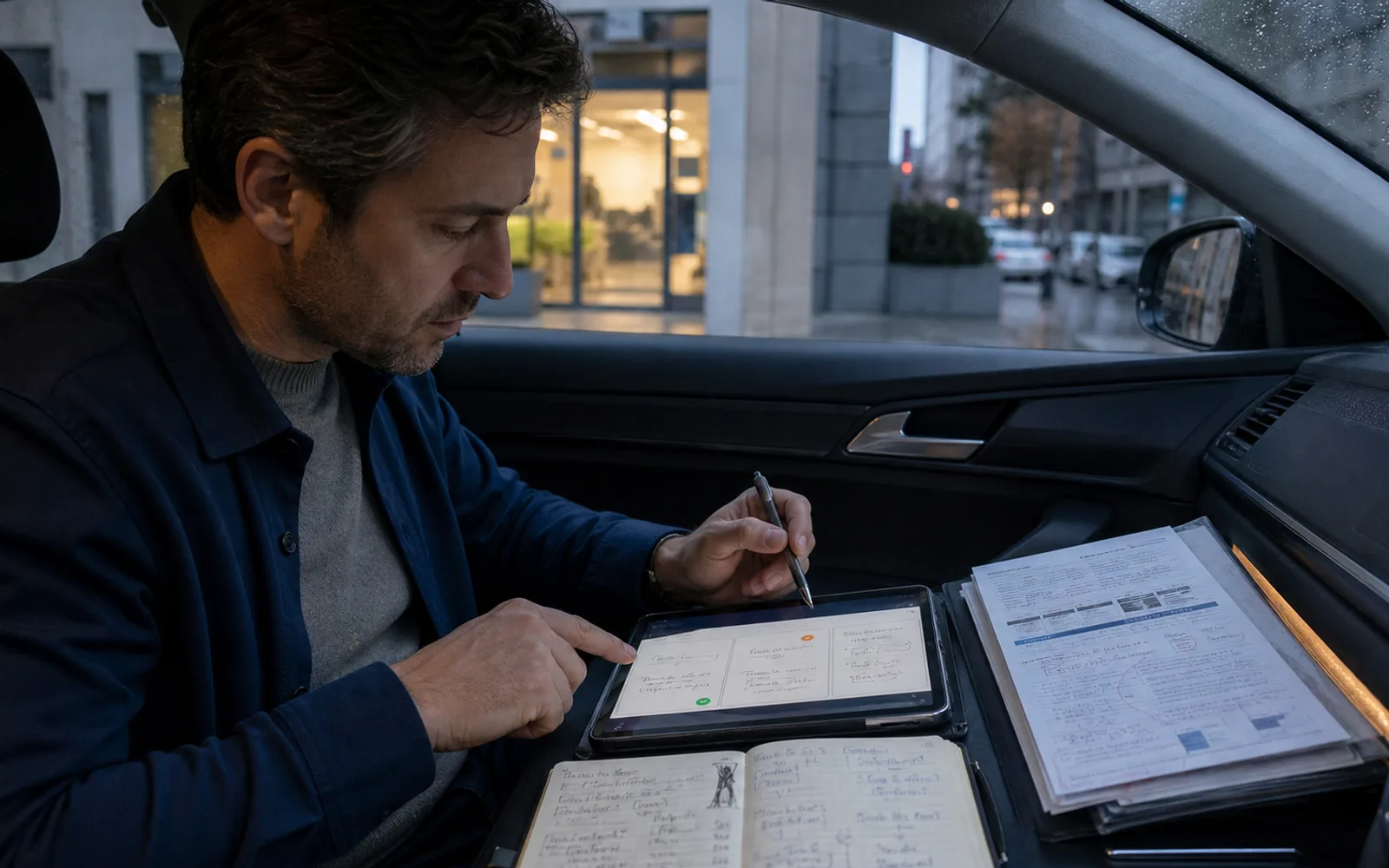 Un commerciale parcheggiato ricostruisce su tablet l’ultima visita, una domanda aperta e il prossimo gesto prima di contattare il cliente.