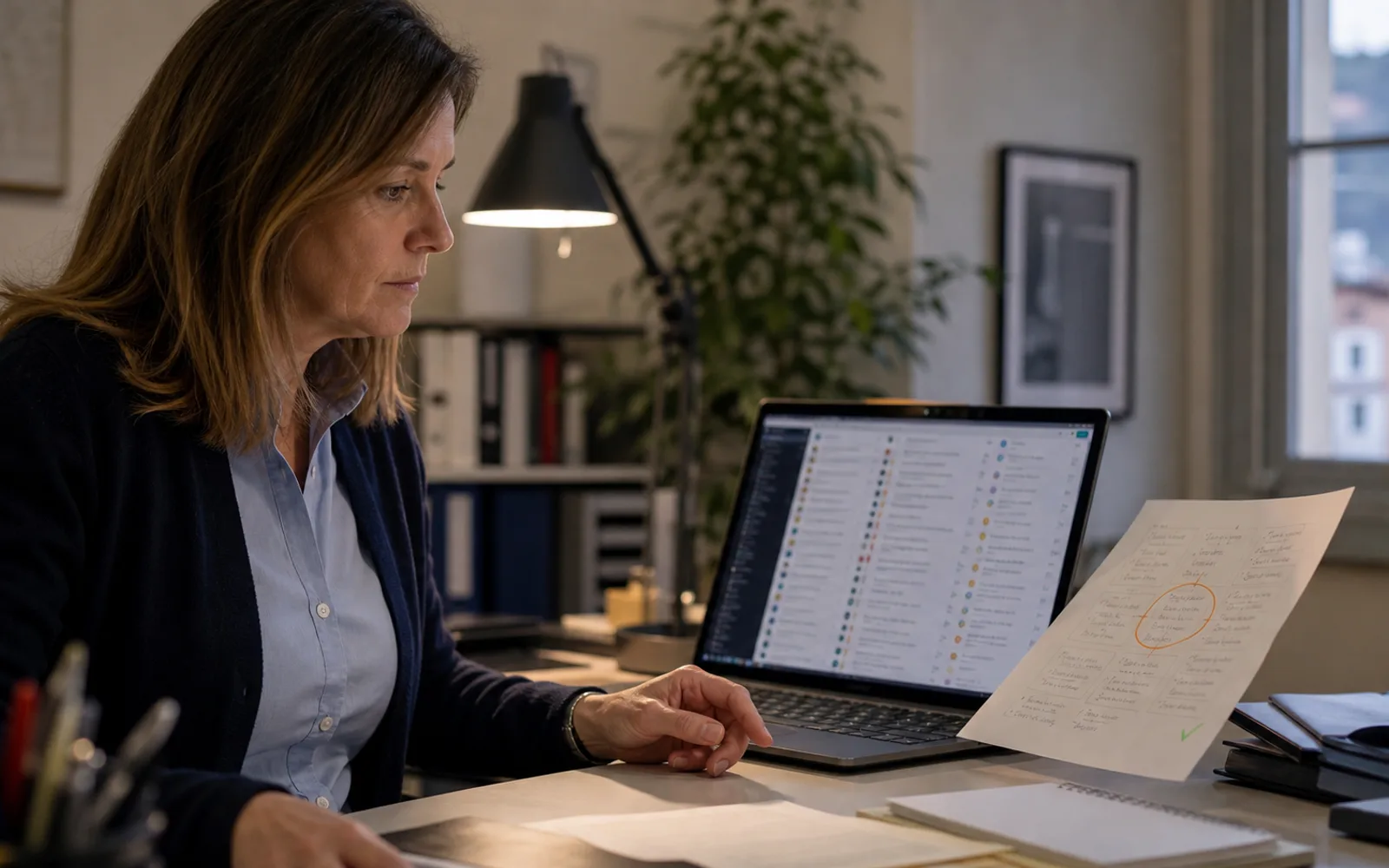 Una responsabile commerciale confronta una cronologia CRM con una nota di visita che spiega il motivo di una decisione.
