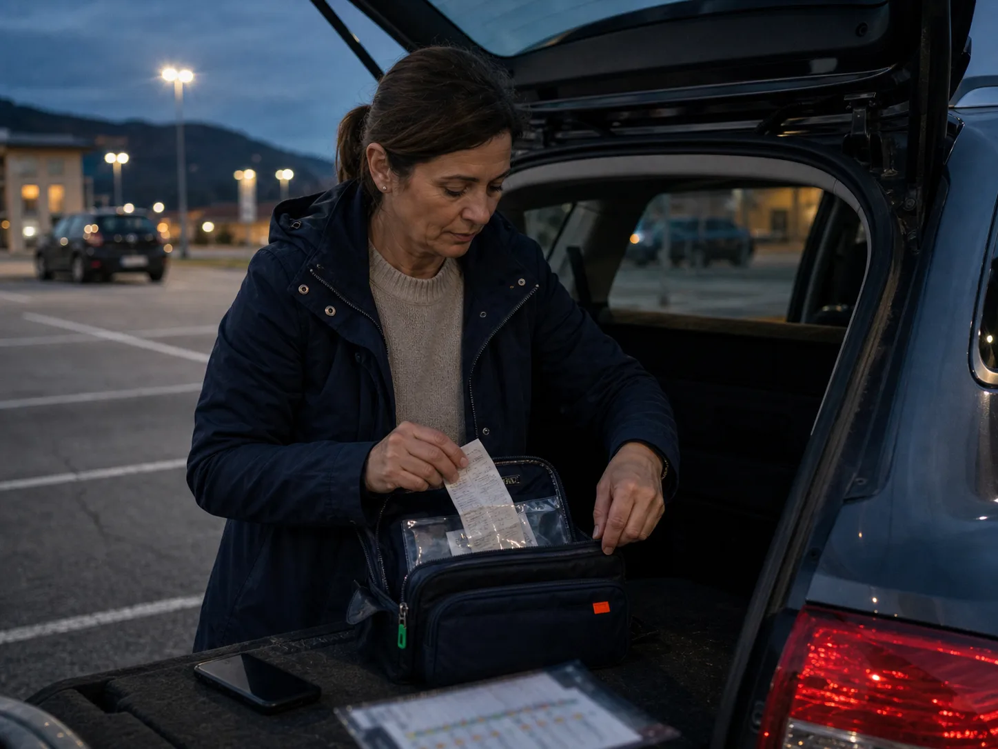 La commerciale ripone l’ultima ricevuta nella custodia e chiude la borsa di lavoro nel bagagliaio.