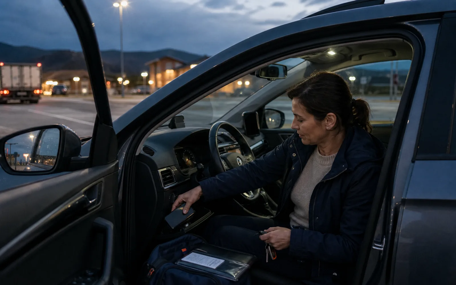 Una commerciale conclude la giornata in un parcheggio dopo aver registrato l’ultima nota, con il telefono riposto e la borsa pronta da chiudere.