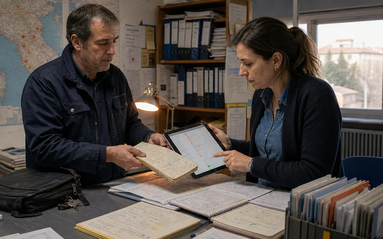 Un commerciale esperto consegna alla collega un taccuino usato mentre insieme controllano sul tablet lo storico del cliente e un punto ancora da chiarire.