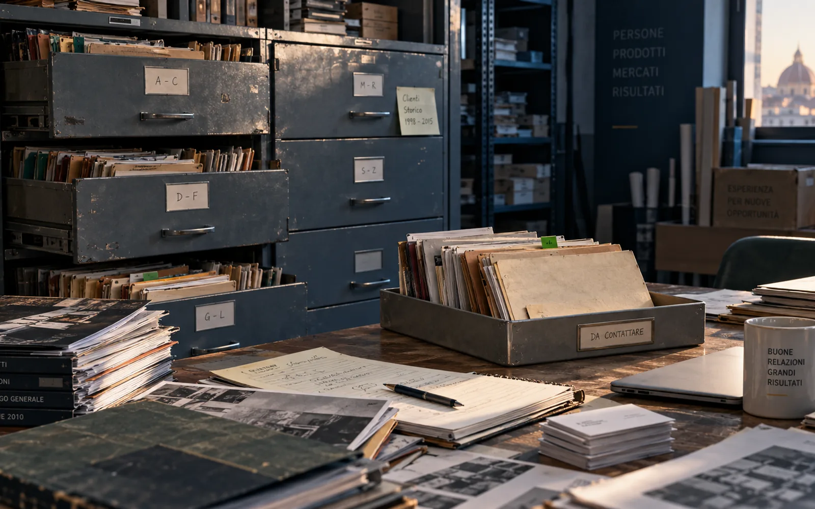Il vecchio portafoglio prima di importare clienti da Excel: cassetti d’archivio aperti per lettera, una cassetta di schede da contattare e un taccuino sulla scrivania.