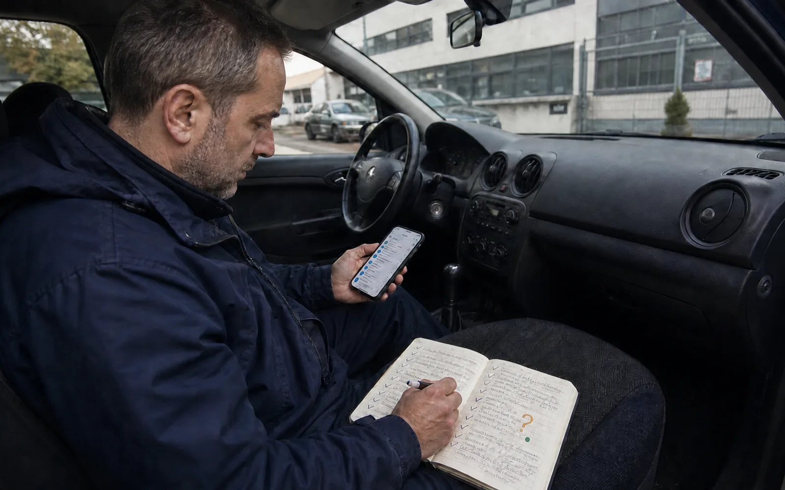 Un commerciale in auto parcheggiata controlla sul telefono le fonti e il punto ancora aperto prima di incontrare un cliente.