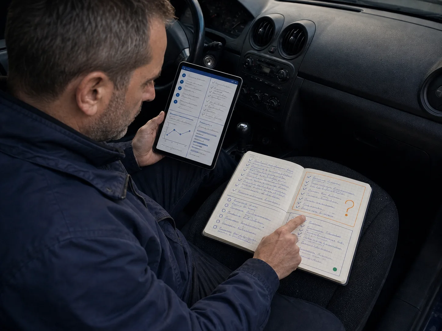 Un tablet e un taccuino usato mostrano la sequenza di preparazione: fonte, informazione mancante, domanda e simulazione.
