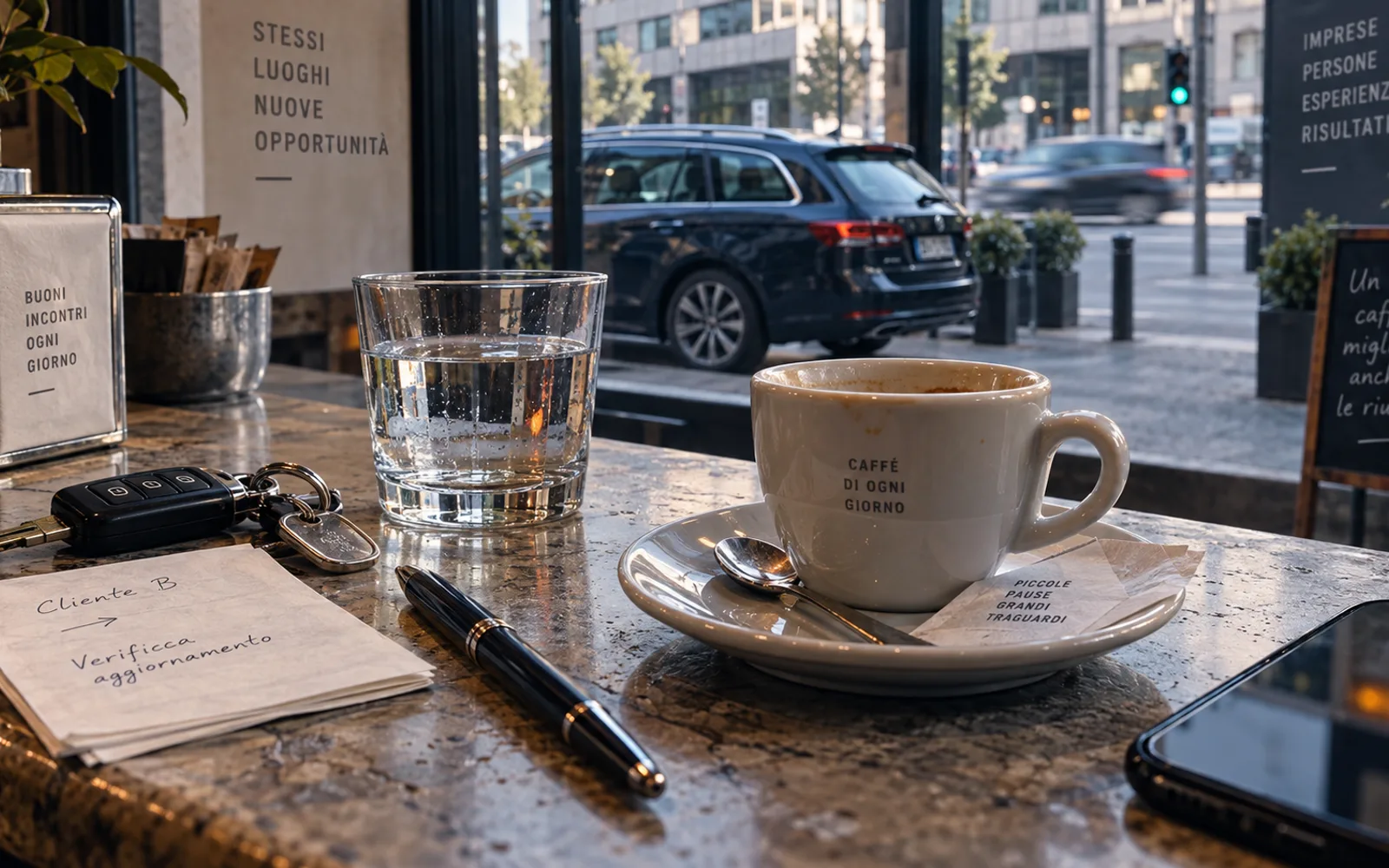 Il momento in cui si leggono le note di rilascio: una pausa al bar fra due visite, con il caffè, le chiavi dell’auto, il telefono e un promemoria sul foglietto.