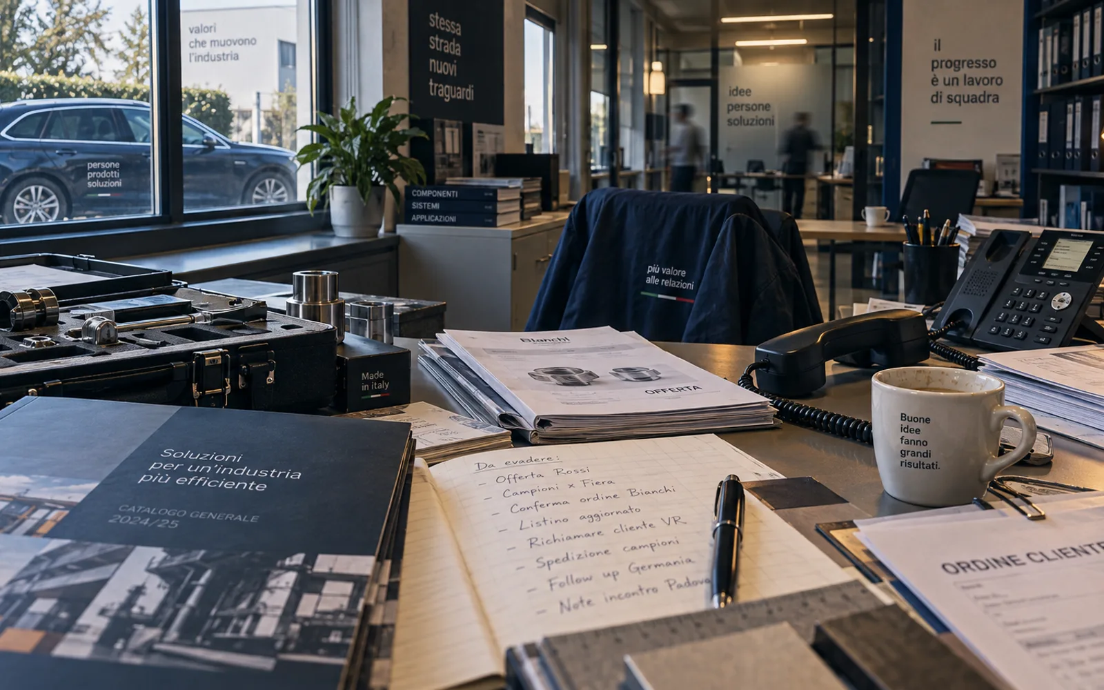 Il giorno in ufficio di un agente di commercio: sulla scrivania il catalogo, i campioni, un’offerta e l’elenco delle cose da evadere, con l’auto ferma fuori dalla finestra.