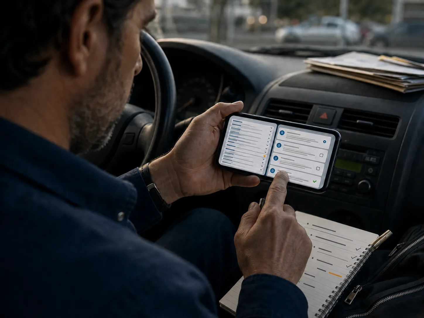 Un commerciale confronta sul telefono molti campi indistinti con una breve scheda da verificare, mentre il quaderno mostra appunti già completati.
