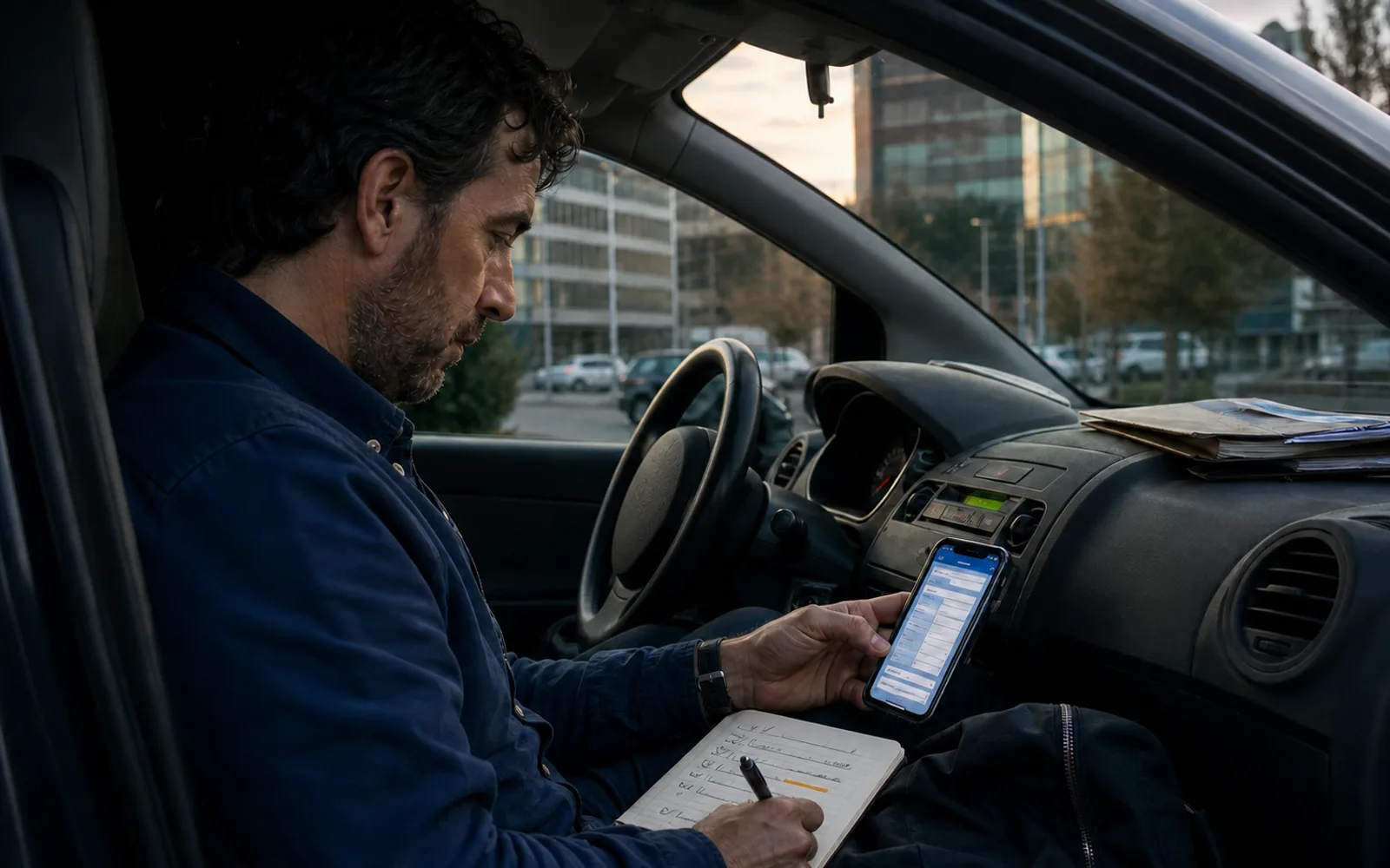 Un commerciale, fermo in auto dopo una visita, confronta un modulo complesso sul telefono con gli appunti appena raccolti.