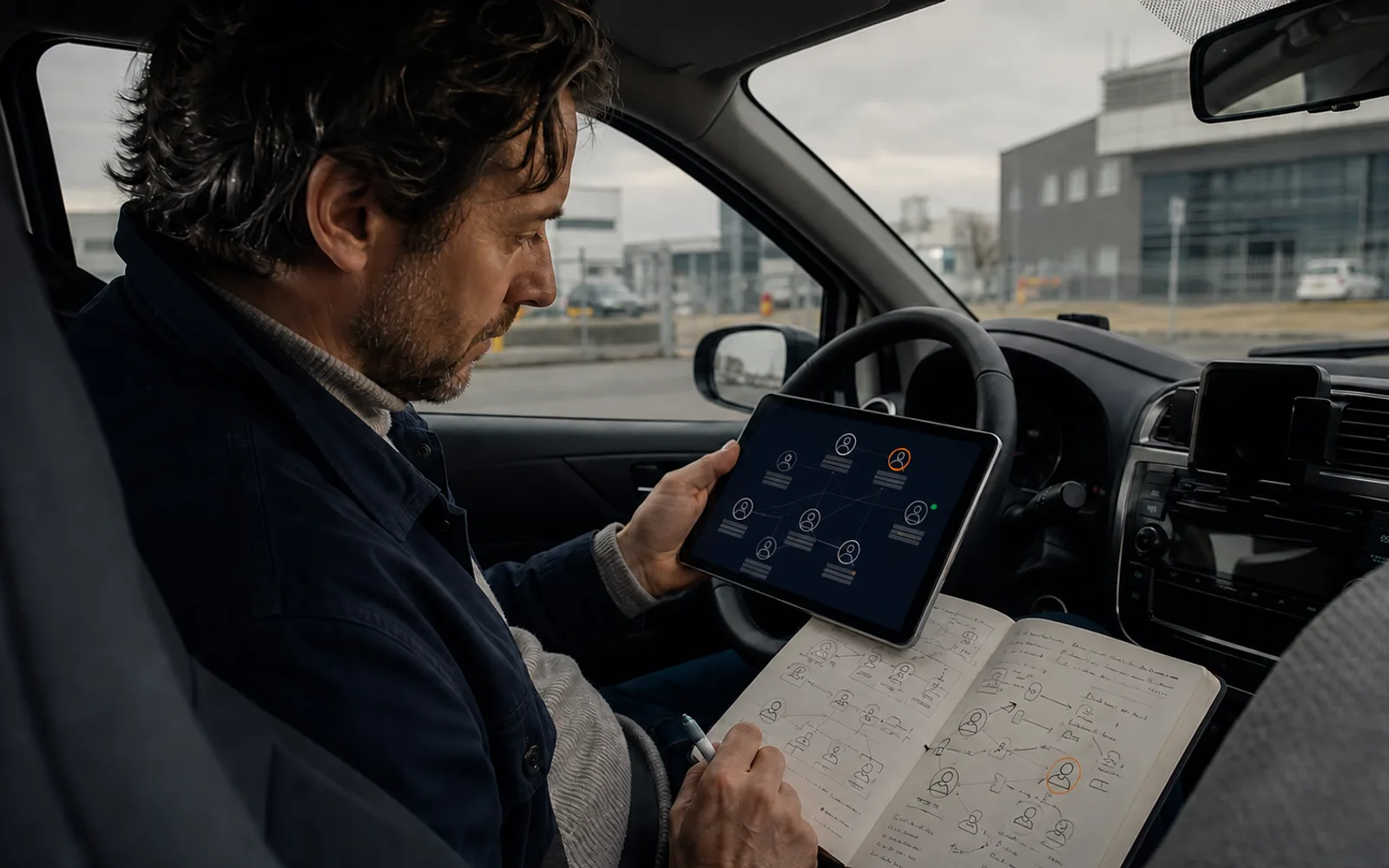 Un commerciale in un'auto parcheggiata confronta sul tablet una mappa degli interlocutori con le note preparate prima della visita.