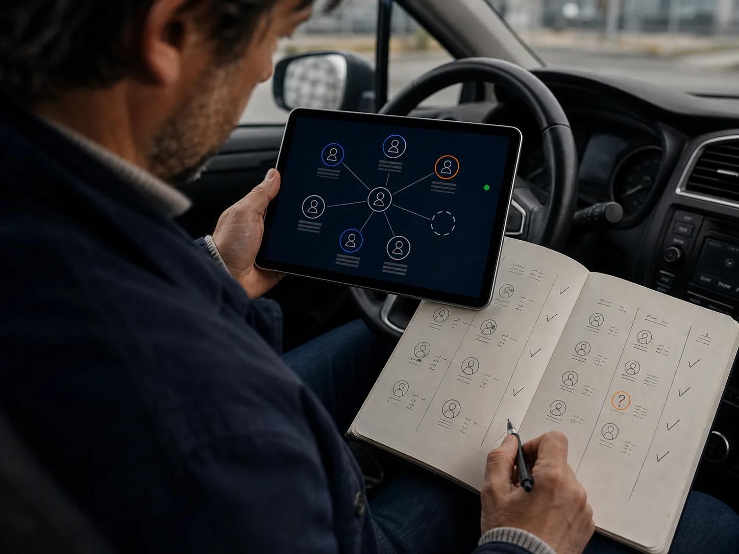Una mappa su tablet distingue interlocutori confermati, incerti e una posizione ancora vuota accanto a un quaderno di verifica compilato.