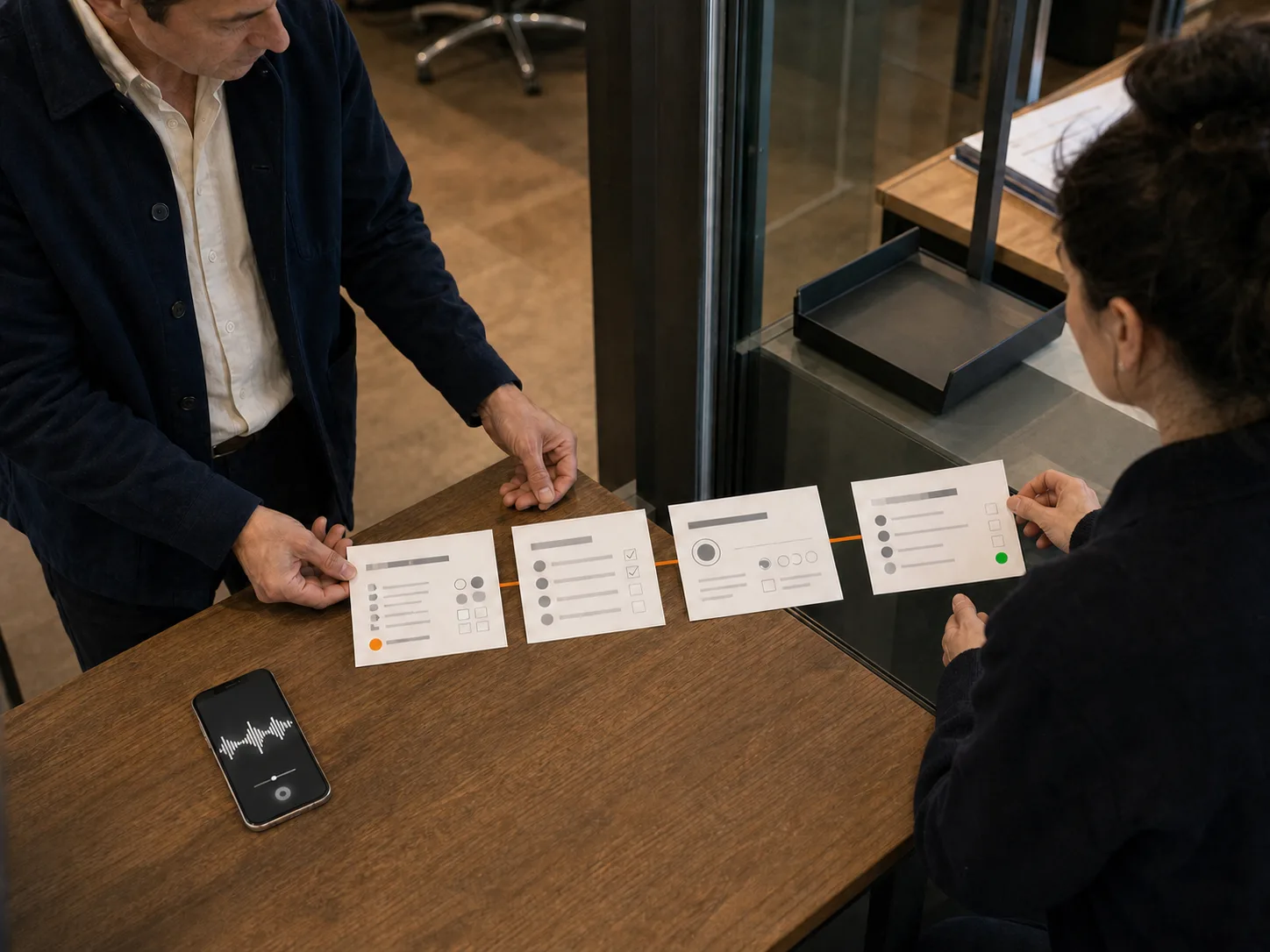 Commerciale e collega d'ufficio completano quattro schede collegate che rappresentano promessa, stato, responsabile e conferma al cliente.
