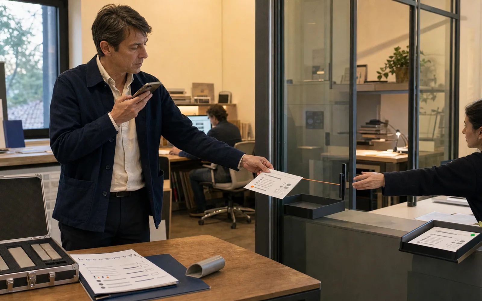 Un commerciale passa una scheda compilata verso il back office mentre una sottile linea arancione si interrompe sulla soglia tra visita e ufficio.