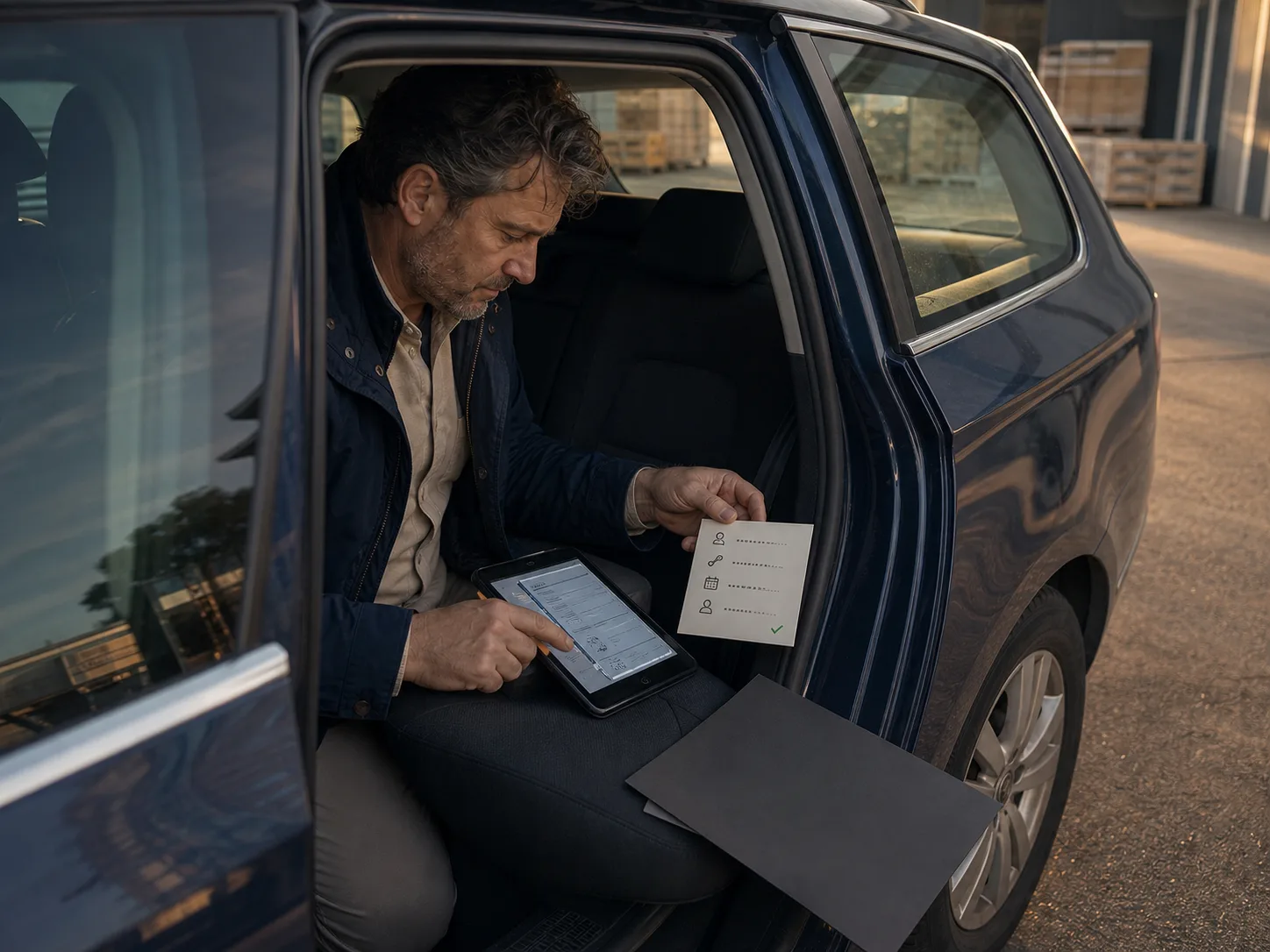 Un commerciale confronta una nota su tablet con una scheda che rende visibili scopo, accessi, conservazione e conferma.