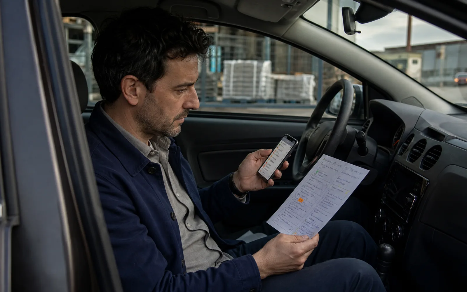 Un commerciale in auto confronta la nota dell'ultima visita con quattro possibili motivi prima di preparare il follow-up.