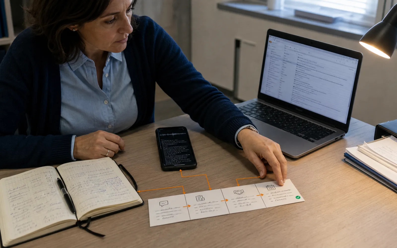 Una commerciale collega trascrizione, email e appunti a una cronologia breve della trattativa.