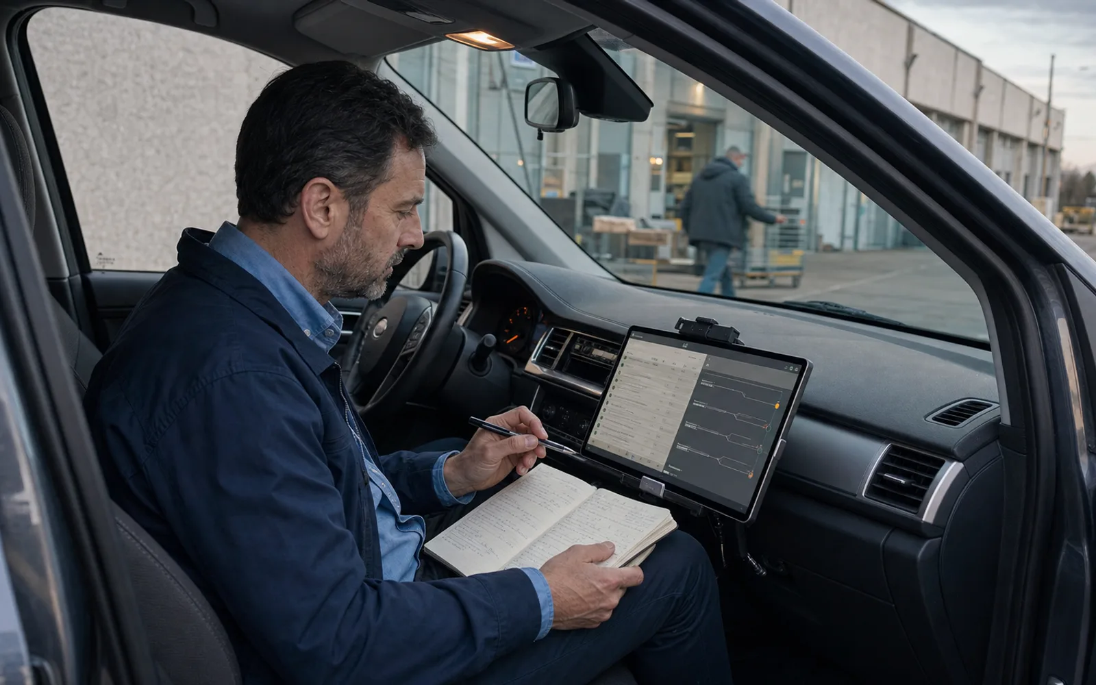 Un commerciale, fermo in auto prima di una visita, confronta sul tablet fonti e alternative mentre un solo dubbio resta evidenziato.